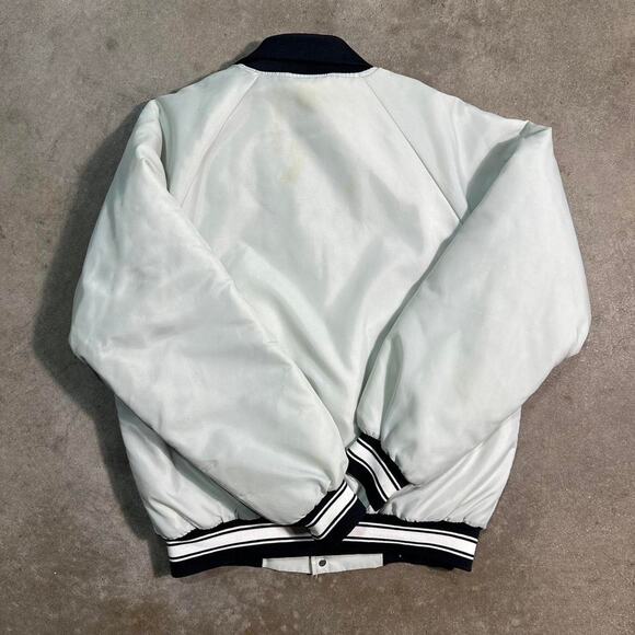 Vintage 90s Satin Varsity Company Jacket White Navy Blue Full Button Up Coat - Picture 2 of 8